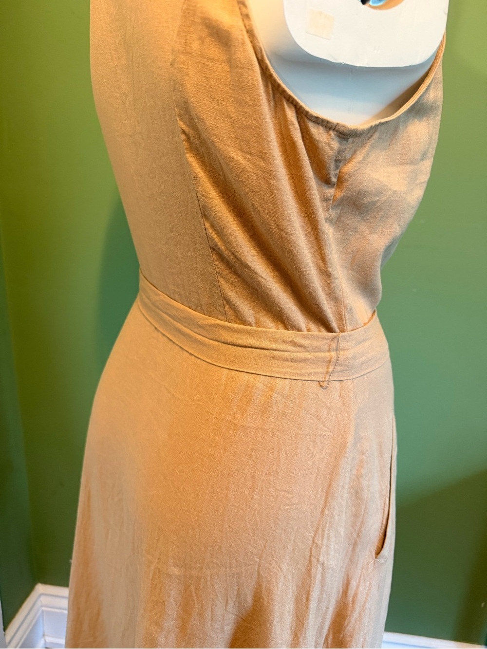 Reitman’s Linen Sleeveless Tan V-Neck Button Midi Dress with Waist Tie - Picture 5 of 10